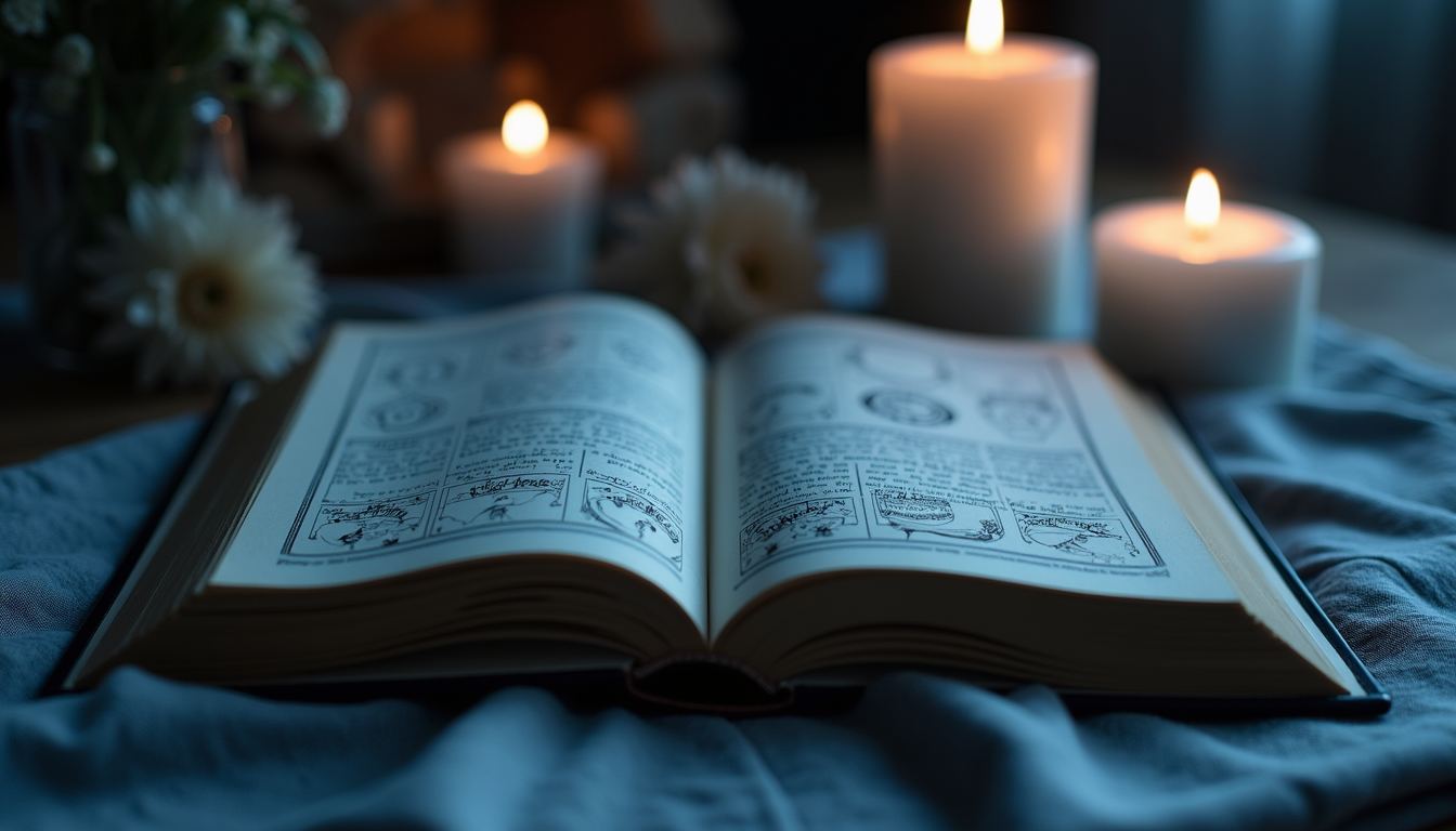 Livro aberto entre velas.